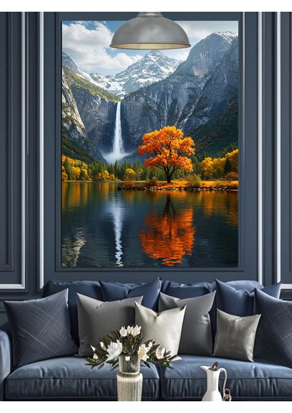 Sonbaharda Akan Şelale Göle Yansıyor Dekoratif Kanvas - Mdf Ahşap Tablo modelleri