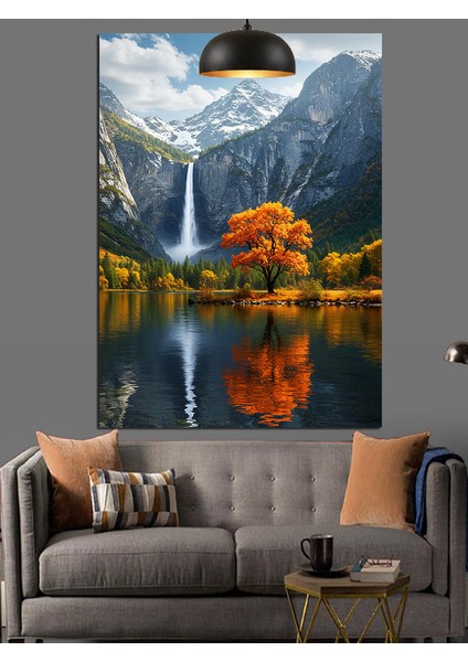 Sonbaharda Akan Şelale Göle Yansıyor Dekoratif Kanvas - Mdf Ahşap Tablo fırsatları