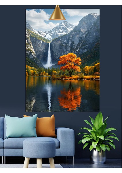 Sonbaharda Akan Şelale Göle Yansıyor Dekoratif Kanvas - Mdf Ahşap Tablo indirimleri