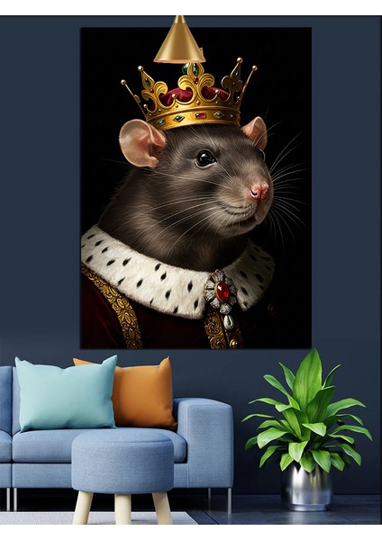 Taç Takan Bir Kral Fare Resmi Dekoratif Kanvas - Mdf Ahşap Tablo