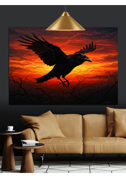 Kara Karga Siyah Gökyüzü Dekoratif Kanvas - Mdf Ahşap Tablo
