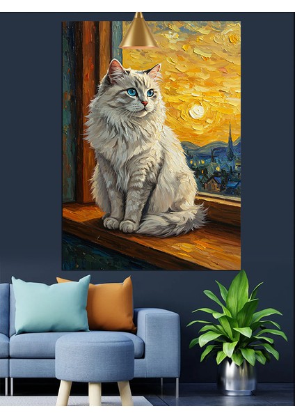 Oturan Beyaz Bir Kedi Dekoratif Kanvas - Mdf Ahşap Tablo
