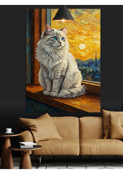 Oturan Beyaz Bir Kedi Dekoratif Kanvas - Mdf Ahşap Tablo fiyatları