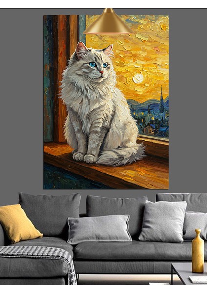 Oturan Beyaz Bir Kedi Dekoratif Kanvas - Mdf Ahşap Tablo modelleri