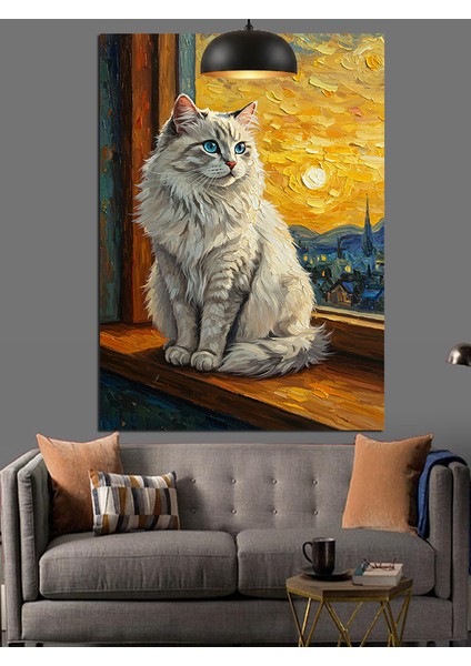 Oturan Beyaz Bir Kedi Dekoratif Kanvas - Mdf Ahşap Tablo indirimleri
