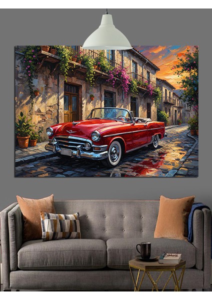 Klasik Kırmızı Araba Şehir Dekoratif Kanvas - Mdf Ahşap Tablo