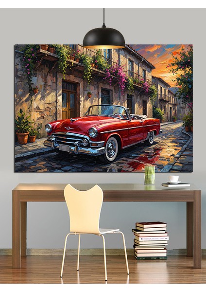 Klasik Kırmızı Araba Şehir Dekoratif Kanvas - Mdf Ahşap Tablo fiyatları