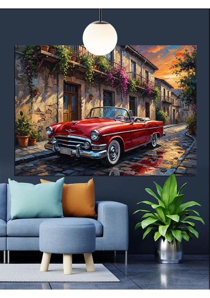 Klasik Kırmızı Araba Şehir Dekoratif Kanvas - Mdf Ahşap Tablo modelleri