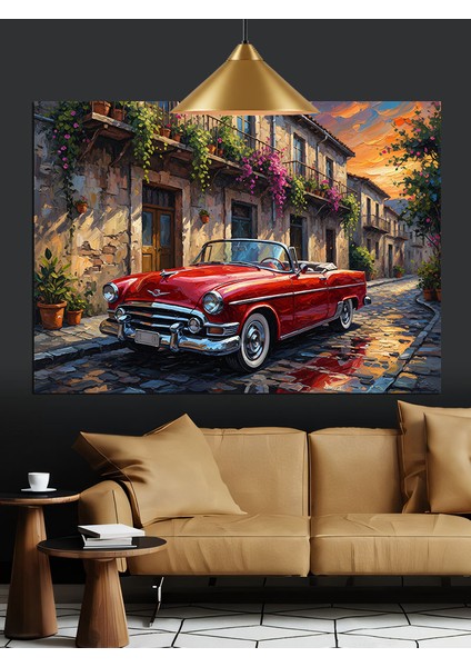 Klasik Kırmızı Araba Şehir Dekoratif Kanvas - Mdf Ahşap Tablo fırsatları