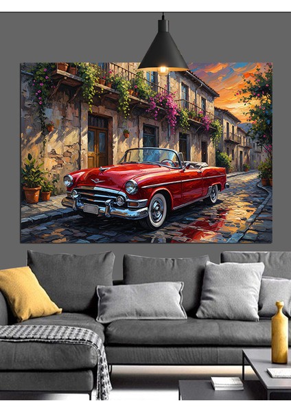 Klasik Kırmızı Araba Şehir Dekoratif Kanvas - Mdf Ahşap Tablo indirimleri