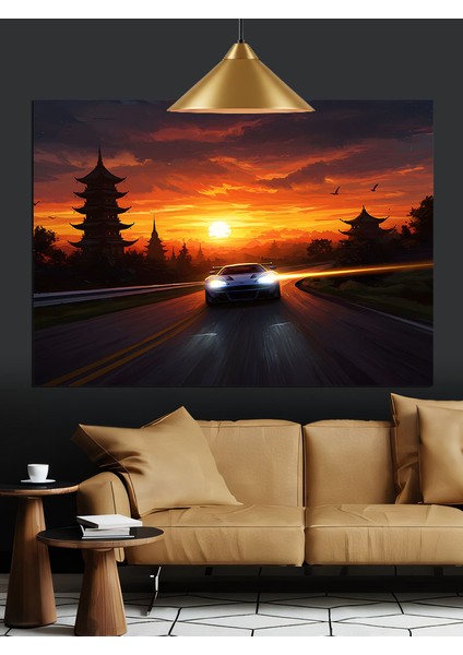Gün Batımı Yol Sürüş Manzara Dekoratif Kanvas - Mdf Ahşap Tablo
