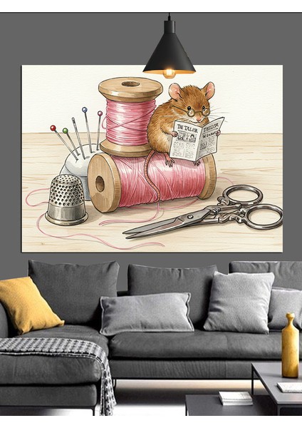 Dikiş Iğne Iplik Fare Dekoratif Kanvas - Mdf Ahşap Tablo