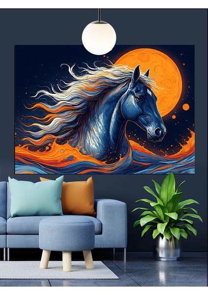 Turuncu Ay Koşan At Dekoratif Kanvas - Mdf Ahşap Tablo