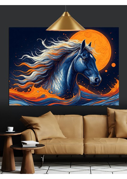 Turuncu Ay Koşan At Dekoratif Kanvas - Mdf Ahşap Tablo fiyatları