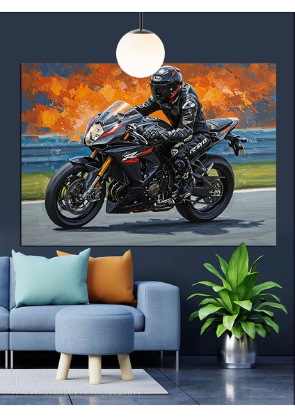 Motosikletçi Hız Yol Karanlık Dekoratif Kanvas - Mdf Ahşap Tablo