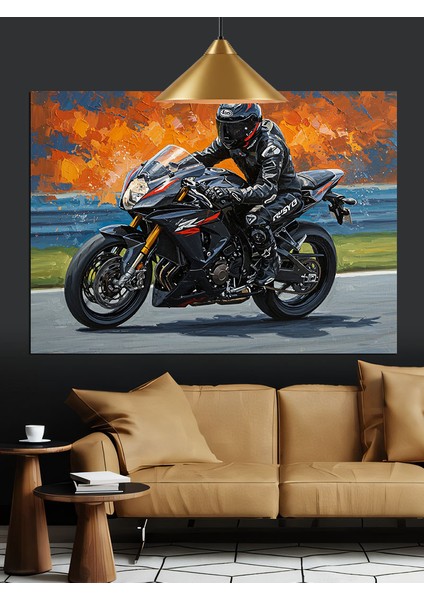 Motosikletçi Hız Yol Karanlık Dekoratif Kanvas - Mdf Ahşap Tablo fiyatları