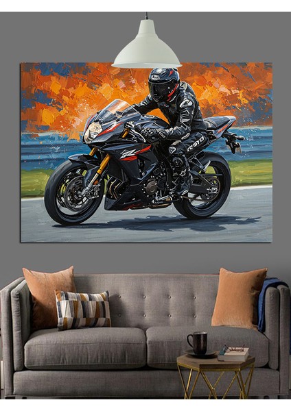 Motosikletçi Hız Yol Karanlık Dekoratif Kanvas - Mdf Ahşap Tablo fırsatları