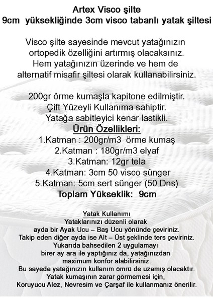 90x190 cm Visco Visko Şilte Yatak Şiltesi Yatak Pedi Ped Topper 9+-1cm fiyatları