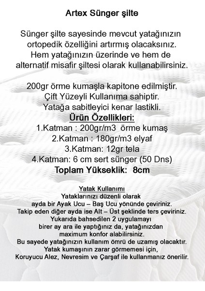 80x160 cm Sünger Şilte Yatak Şiltesi Yatak Pedi Ped Topper 9+-1cm fiyatları