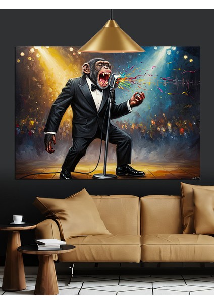 Smokinli Maymun Mikrofon Şarkı Dekoratif Kanvas - Mdf Ahşap Tablo