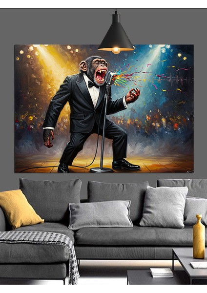 Smokinli Maymun Mikrofon Şarkı Dekoratif Kanvas - Mdf Ahşap Tablo fiyatları