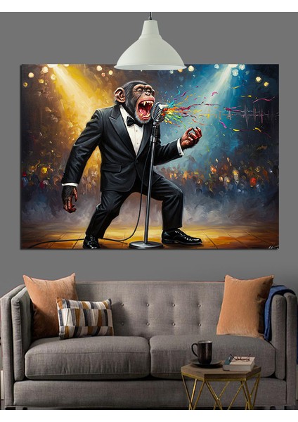Smokinli Maymun Mikrofon Şarkı Dekoratif Kanvas - Mdf Ahşap Tablo modelleri
