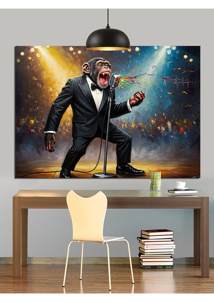 Smokinli Maymun Mikrofon Şarkı Dekoratif Kanvas - Mdf Ahşap Tablo fırsatları