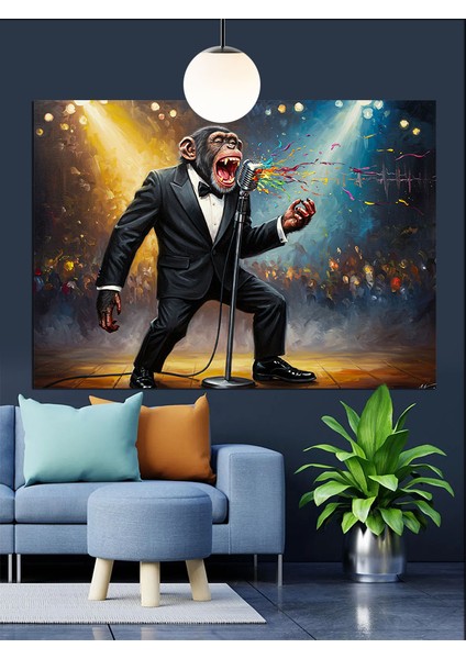 Smokinli Maymun Mikrofon Şarkı Dekoratif Kanvas - Mdf Ahşap Tablo indirimleri