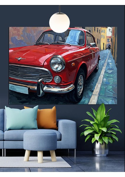 Kırmızı Klasik Araba Sokak Dekoratif Kanvas - Mdf Ahşap Tablo