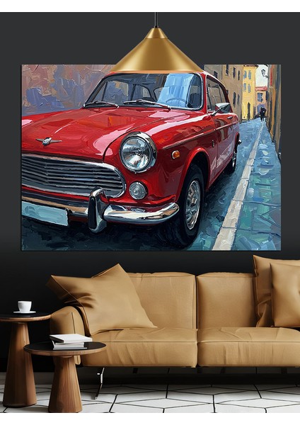 Kırmızı Klasik Araba Sokak Dekoratif Kanvas - Mdf Ahşap Tablo fiyatları