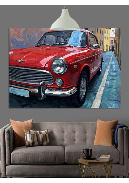 Kırmızı Klasik Araba Sokak Dekoratif Kanvas - Mdf Ahşap Tablo fırsatları