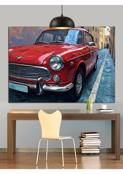 Kırmızı Klasik Araba Sokak Dekoratif Kanvas - Mdf Ahşap Tablo indirimleri