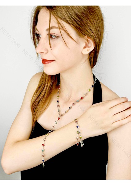 Y Kolye ve Bileklik Seti, 2 parça, Taşlı, Çok Renkli, Kalpli, Set 62, Kasa Gümüş Renk fırsatları