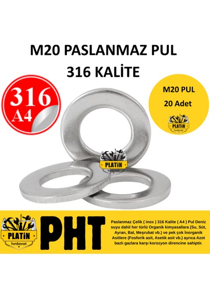 316 Kalite Paslanmaz Krom Pul M20 20 Adet