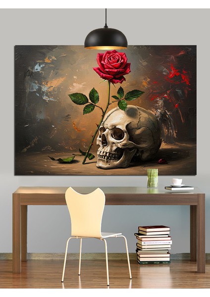 Gül Çiçek Kurukafa Aşk Dekoratif Kanvas - Mdf Ahşap Tablo