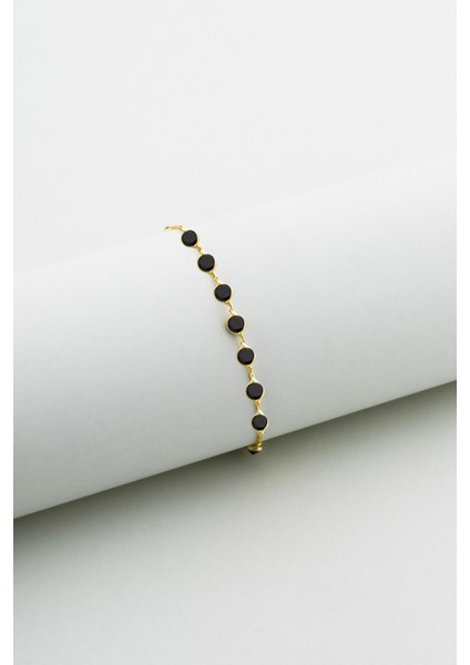 Siyah Işıltı 18 Ayar Sarı Altın Kaplama 19 cm Gümüş Bileklik