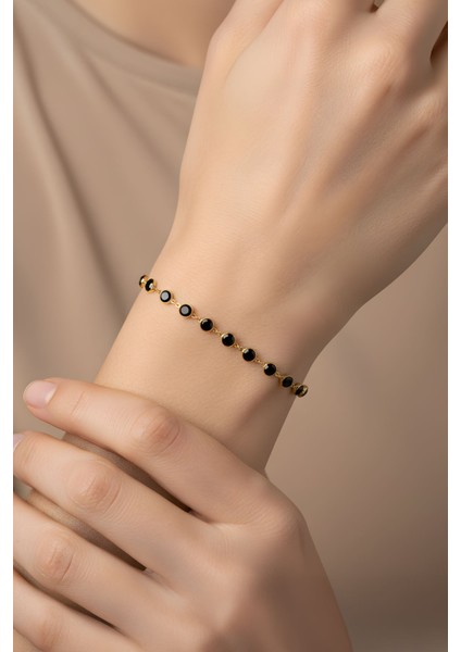 Siyah Işıltı 18 Ayar Sarı Altın Kaplama 19 cm Gümüş Bileklik fırsatları