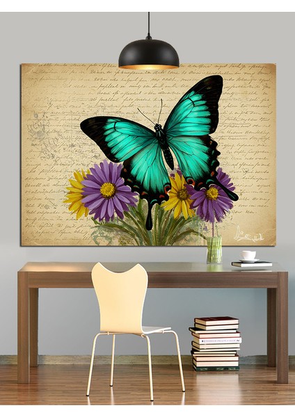 Mavi Kelebek Vintage Kağıt Dekoratif Kanvas - Mdf Ahşap Tablo