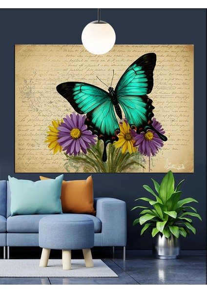 Mavi Kelebek Vintage Kağıt Dekoratif Kanvas - Mdf Ahşap Tablo fiyatları