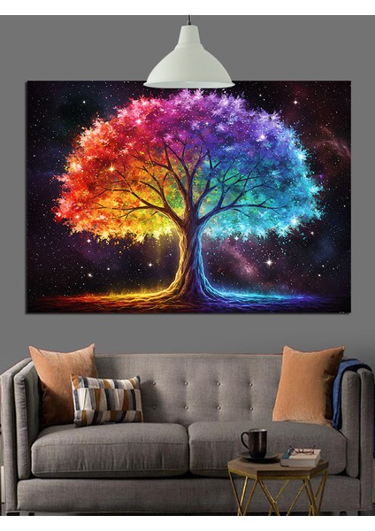 Gökkuşağı Ağaç Hayat Rengi Dekoratif Kanvas - Mdf Ahşap Tablo