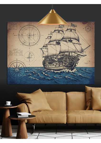 Eski Yelkenli Gemi Harita Dekoratif Kanvas - Mdf Ahşap Tablo