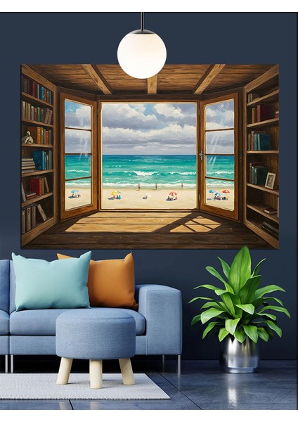 Kitaplık Pencere Deniz Manzarası Dekoratif Kanvas - Mdf Ahşap Tablo