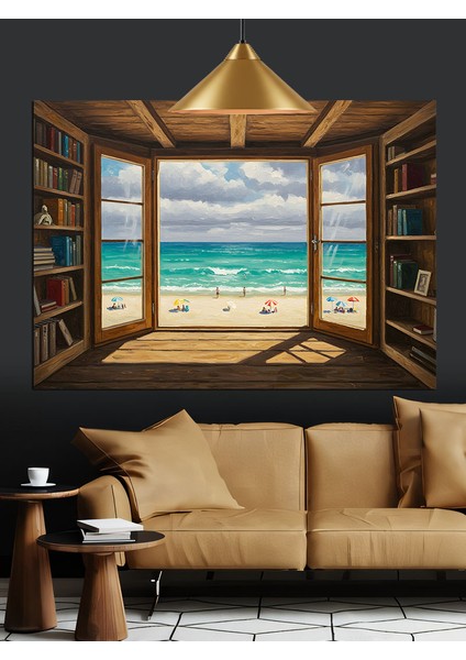 Kitaplık Pencere Deniz Manzarası Dekoratif Kanvas - Mdf Ahşap Tablo fiyatları