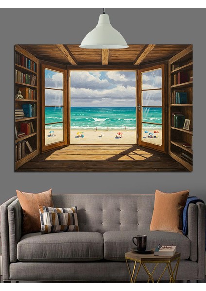 Kitaplık Pencere Deniz Manzarası Dekoratif Kanvas - Mdf Ahşap Tablo fırsatları