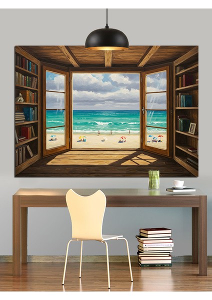 Kitaplık Pencere Deniz Manzarası Dekoratif Kanvas - Mdf Ahşap Tablo indirimleri