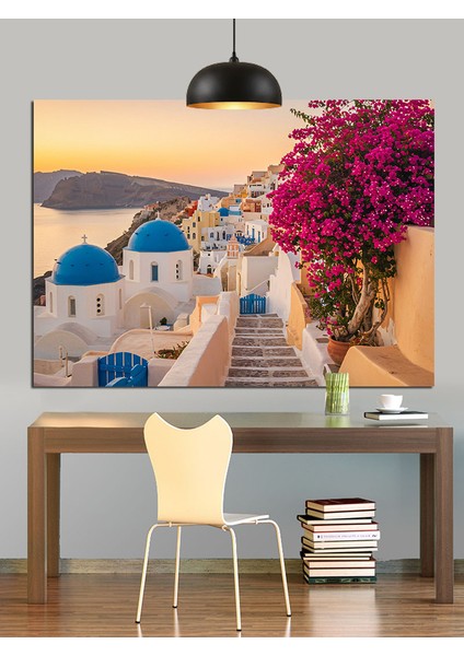 Santorini Mavi Beyaz Evler Dekoratif Kanvas - Mdf Ahşap Tablo
