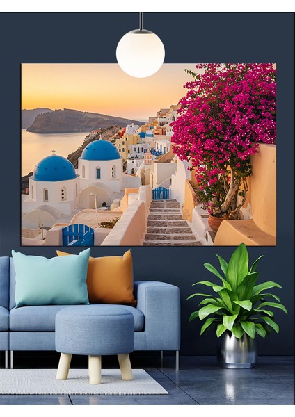 Santorini Mavi Beyaz Evler Dekoratif Kanvas - Mdf Ahşap Tablo fiyatları