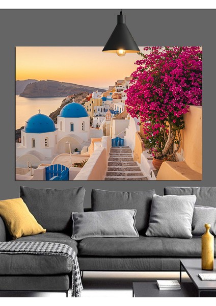 Santorini Mavi Beyaz Evler Dekoratif Kanvas - Mdf Ahşap Tablo fırsatları