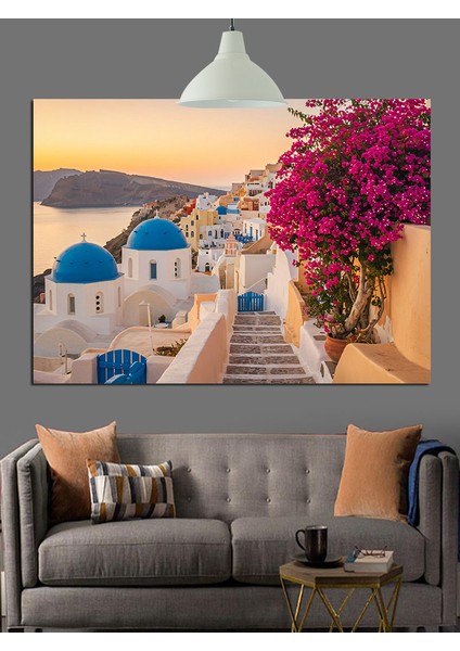 Santorini Mavi Beyaz Evler Dekoratif Kanvas - Mdf Ahşap Tablo indirimleri