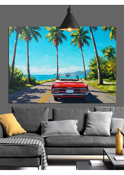 Kırmızı Araba Palmiye Plaj Dekoratif Kanvas - Mdf Ahşap Tablo